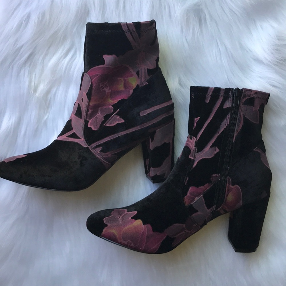Steve Madden Black Velvet Floral Ankle Boots